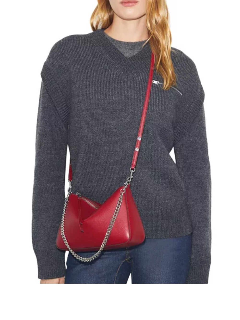 ❤️ Tory Burch Perry Red ❤️ Leather Shoulder Bag Silver Chain New - Picture 3 of 3
